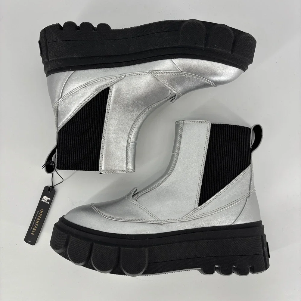 Sorel Caribou X Waterproof Chelsea Boots Silver/Black Women Size 8 Platform